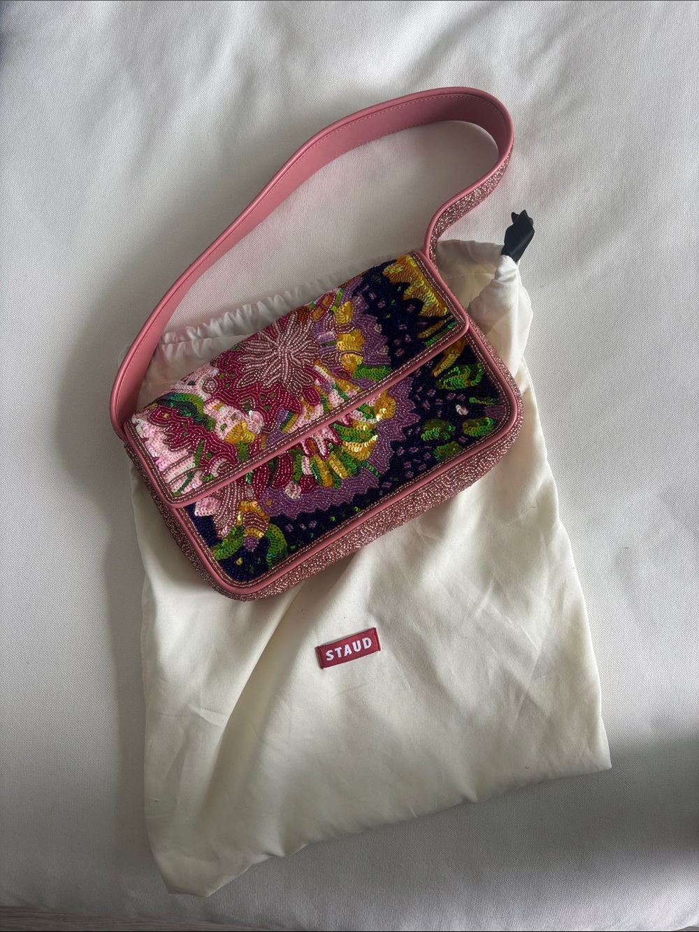 STAUD Pink Embroidered Beaded Shoulder Bag